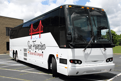 a plain white charter bus with a "San Francisco Charter Bus Company" logo