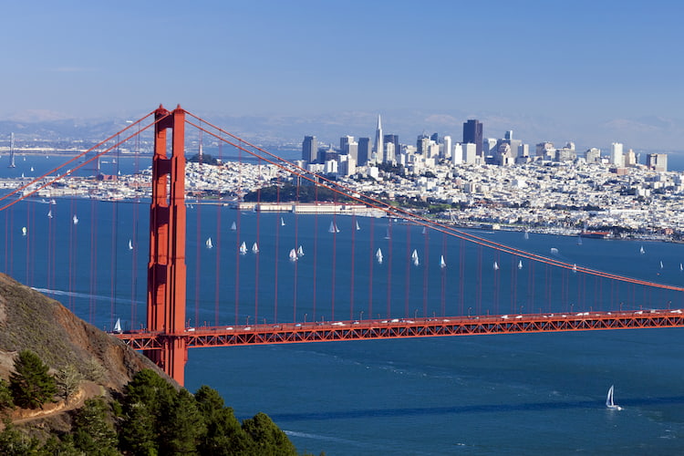 san francisco's iconic golden gate bridge on a clear day with the city in the background