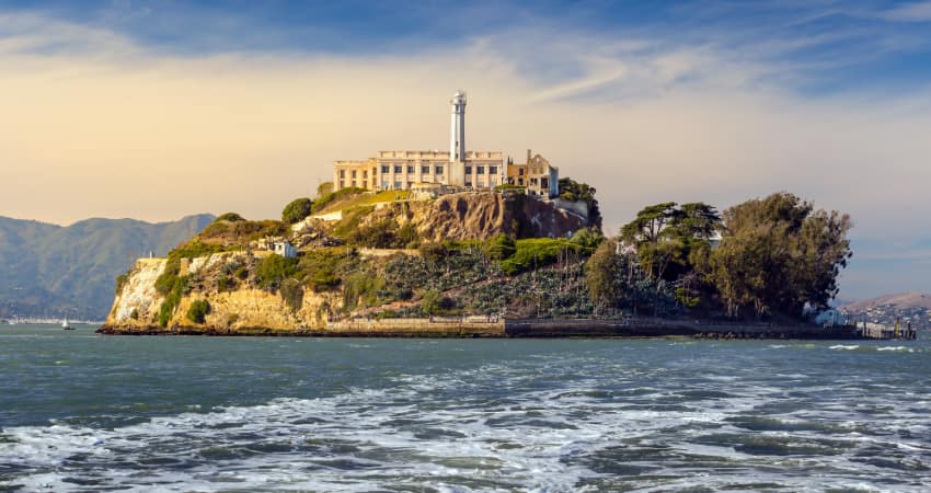 Alcatraz Island from a distance, the San Francisco Bay visible in the background