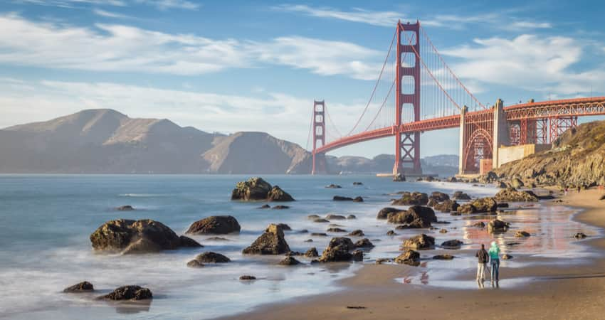 People walking along Baker Beach with the Golden Gate Bridge in the background