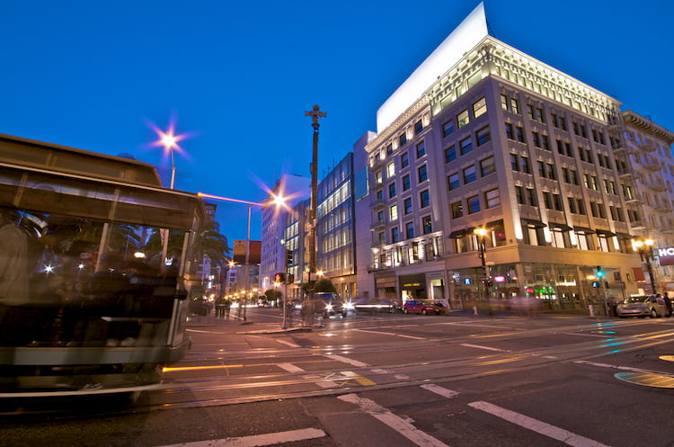 one of union square's large shops at dusk, with lights