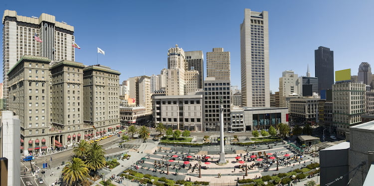 a wide aerial view of san francisco's union square