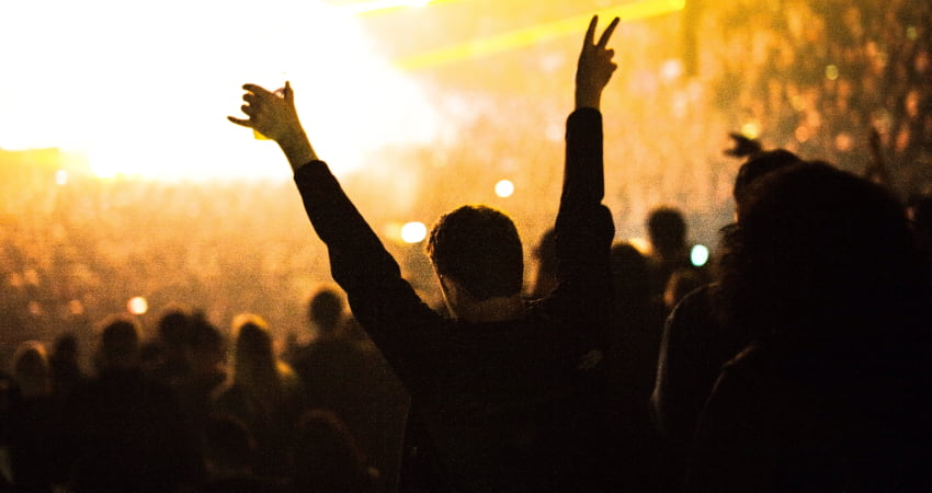 A music fan raises their arms and cheers at a concert