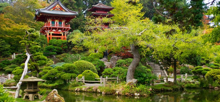 a view of small buildings and ponds in the japanese tea garden of golden gate park