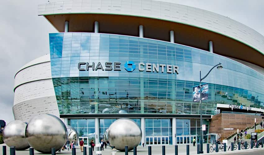 The exterior and main entrance at the Chase Center