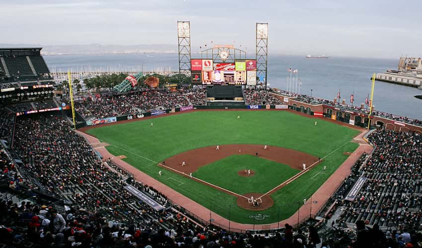 A view from the field from Oracle Park seats with the Bay in the distance