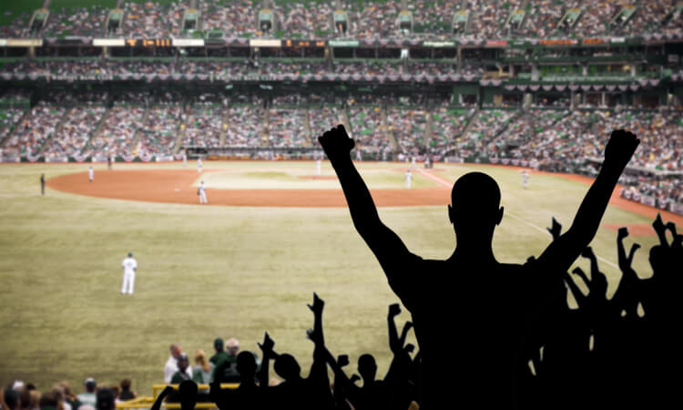 Silhouette of a baseball fan cheering 